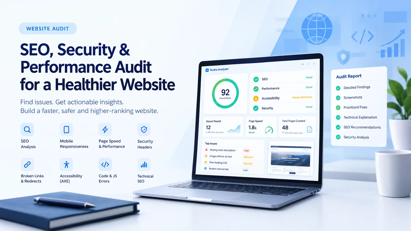 Illustration of an SEO, security and performance audit: a laptop showing the Rudra Analyzer dashboard with an overall score of 92 and results for SEO, performance, accessibility and security, next to an audit report checklist.